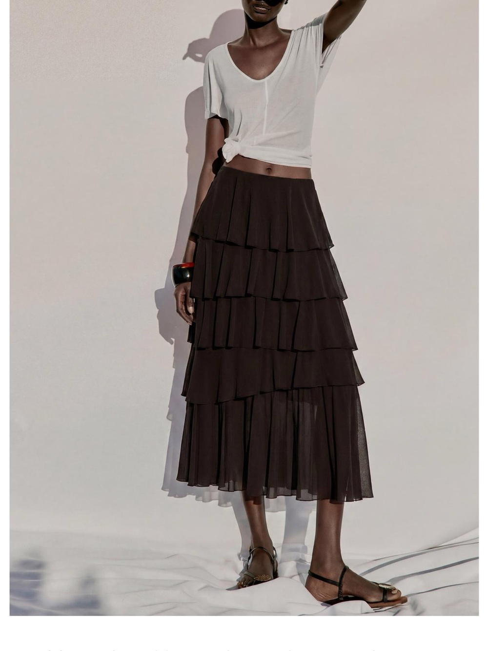 Dark brown Zara Tiered Ruffle Midi Skirt